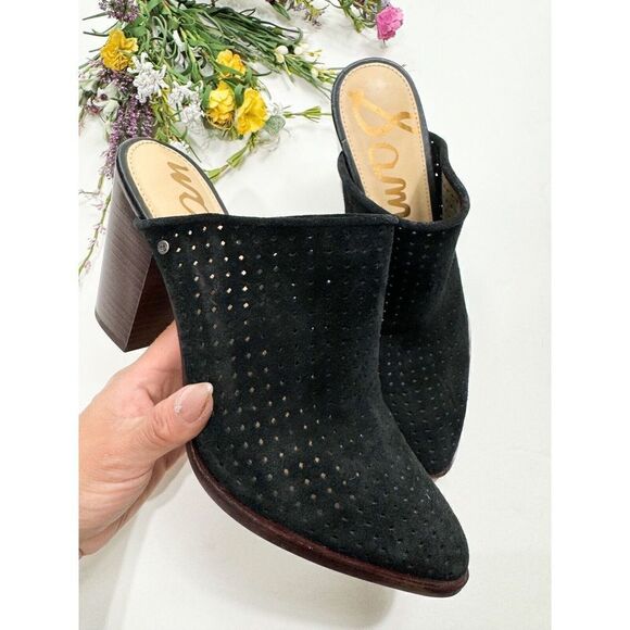 Sam Edelman Bates Perforated Leather Heeled Mules Sz 10 Black Suede - Picture 1 of 4